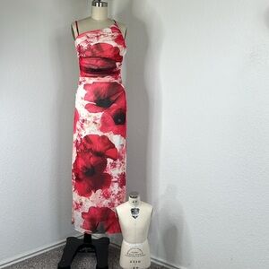 Emory Park Poppy Mesh Midi Ruched Assymetric High Neck One Shoulder Floral Dress